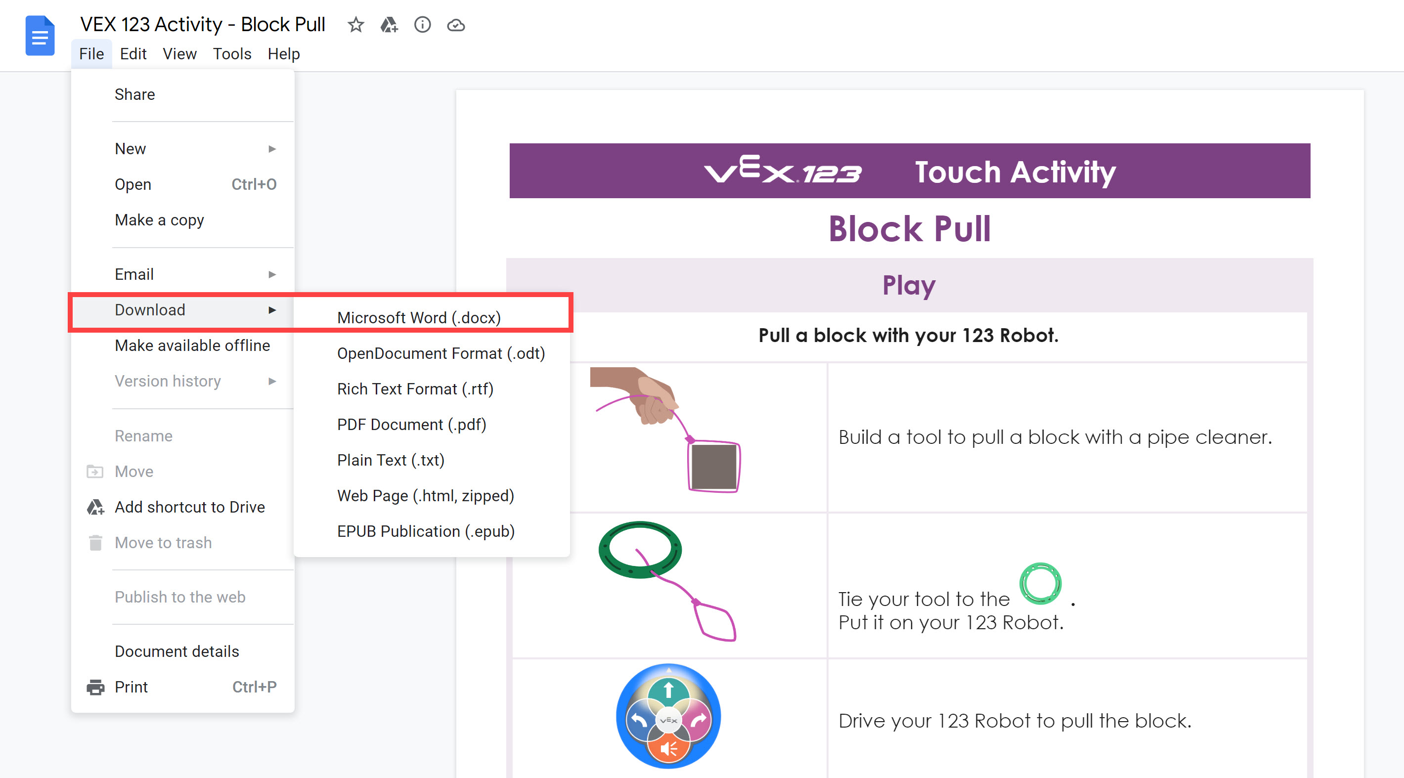 Google Dokümanlar'da açılan 123 Activity'nin ekran görüntüsü, Dosya açılır menüsü açık ve İndir - Microsoft Word seçeneği vurgulanmış. İndir seçeneği dosya menüsünün en üstten dördüncüsüdür ve Microsoft Word genişletilmiş İndir menüsündeki ilk seçenektir.