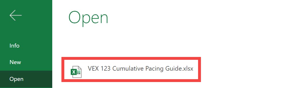 İndirilen VEX 123 Toplu Hız Kılavuzu .xlsx dosyasının vurgulandığı Microsoft Word'deki Aç seçeneğinin ekran görüntüsü.
