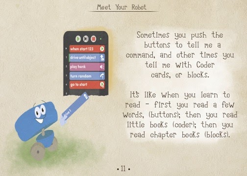 Halaman kesebelas dalam buku PDF Meet Your Robot menampilkan ilustrasi Robot 123 dan Coder, beserta teks yang menjelaskan proses pengkodean.