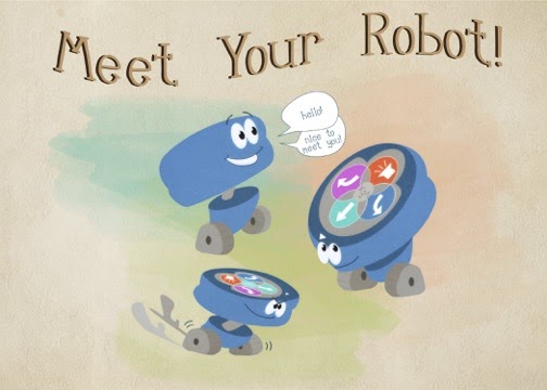La première page du livre PDF Meet Your Robot comportant une illustration du robot 123 disant « Bonjour ! Ravi de vous rencontrer!'.