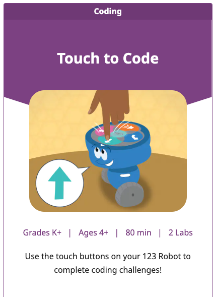 Touch to Code 단원을 위한 123 STEM 랩 단원 타일입니다.