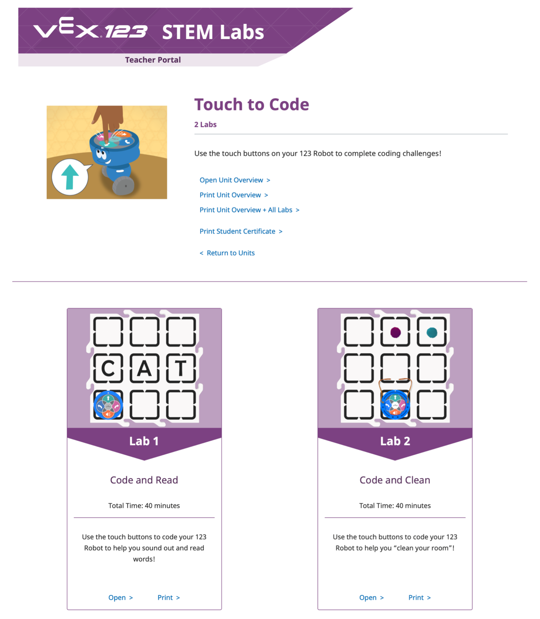 Schermafbeelding van de Touch to Code 123-eenheidspagina als voorbeeld, met links naar het eenheidsoverzicht, het certificaat en de STEM-labs van de eenheid.