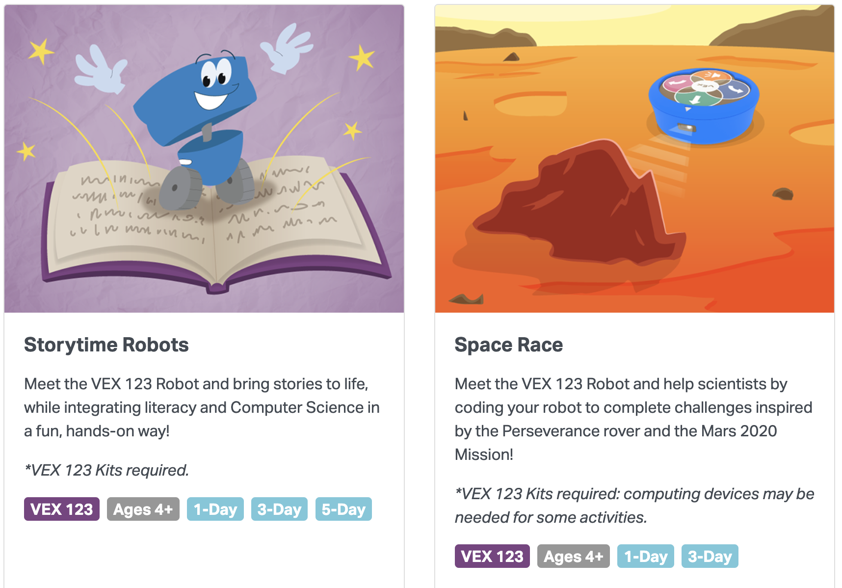 بلاطتان من معسكر VEX 123، واحدة باسم Storytime Robots والأخرى باسم Space Race.