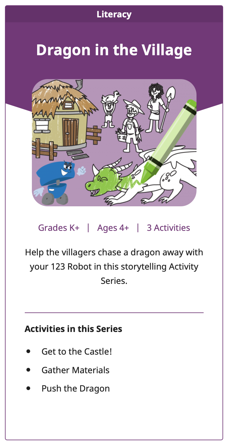 Screenshot del riquadro della serie di attività Drago nel Villaggio 123 come esempio.