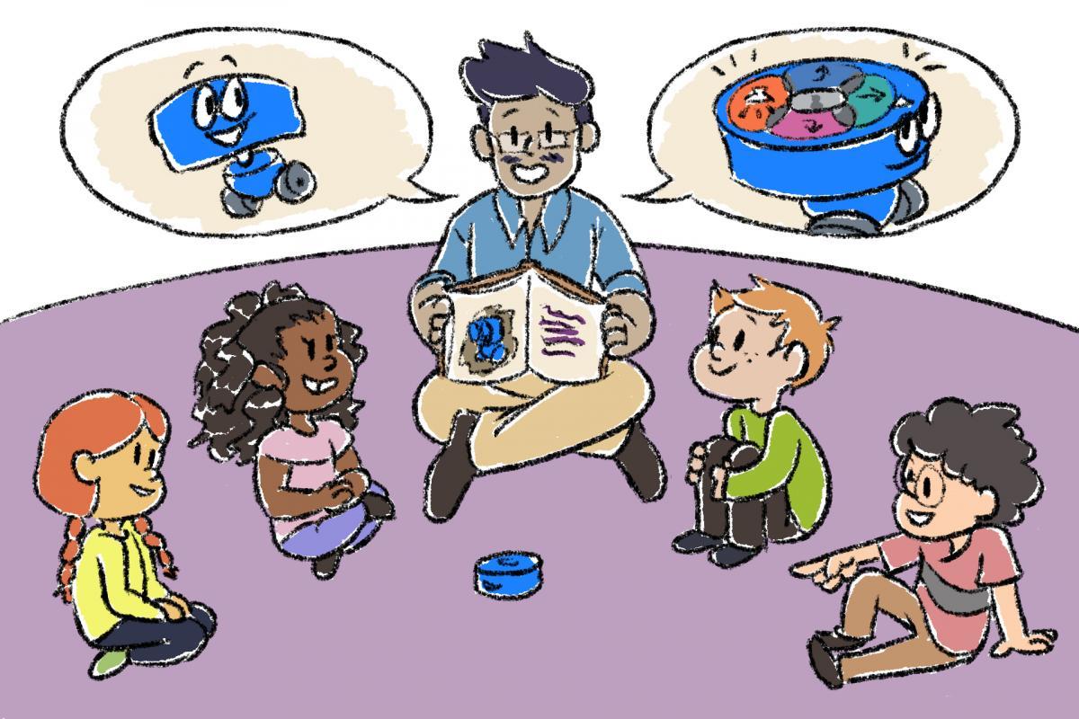 Ilustrācija ar skolēnu grupu, kas pulcējās ap 123 Robotu, skolotājs tur rokās rokasgrāmatu un apspriež robota funkcijas.