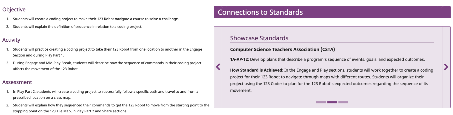 Screenshot der Abschnitte „Ziele“ und „Verbindung zu Standards“ einer Seite „Ziele und Standards“, um zu veranschaulichen, wo Informationen zu Standards zu finden sind.