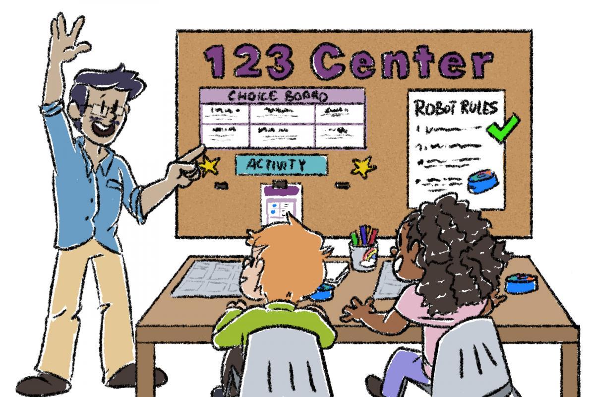 Un profesor parado frente a carteles VEX involucra a los estudiantes en un ambiente de aula usando la narración de historias.