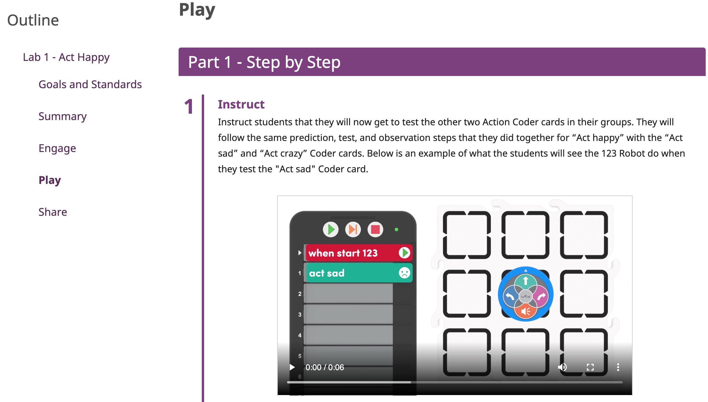 Screenshot van een geanimeerde video op de Play-pagina van het eerste Role Play Robot Lab, gebruikt als voorbeeld van animaties en video's die overal in de STEM Labs te vinden zijn.