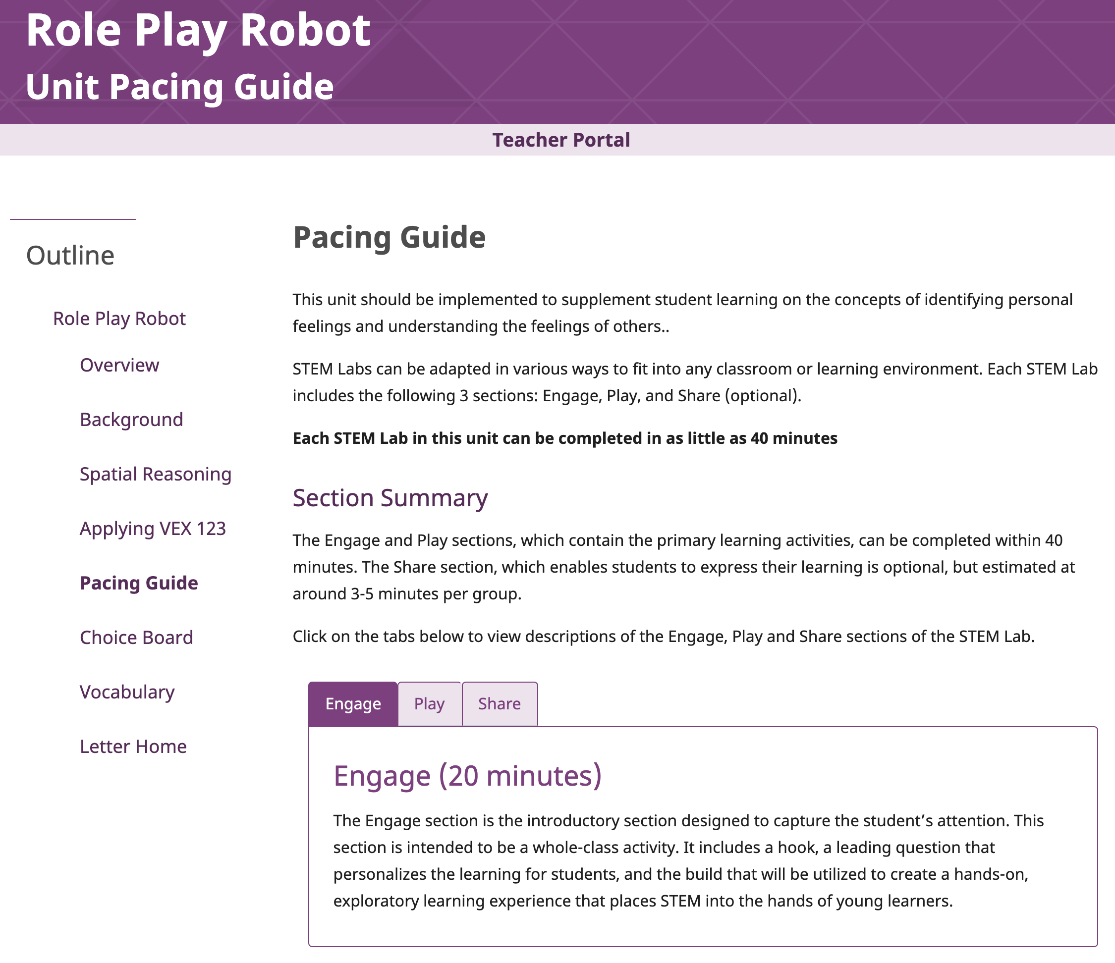 Capture d'écran de la page du guide de rythme dans l'aperçu de l'unité de robot de jeu de rôle, utilisée comme exemple.