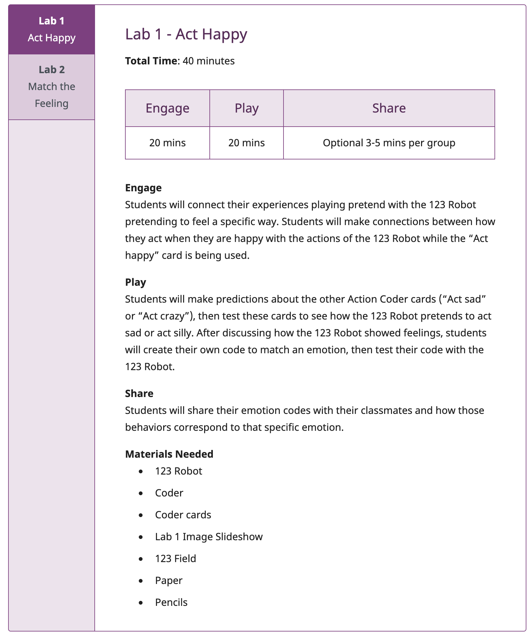 Capture d’écran de la section Aperçu des activités de laboratoire d’une page du guide de rythme, utilisée comme exemple.