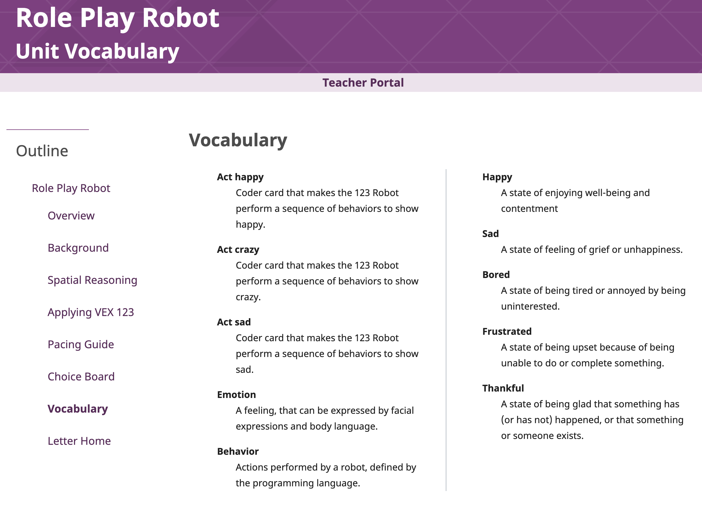 Capture d'écran de la page Vocabulaire dans l'aperçu de l'unité Robot de jeu de rôle, utilisée comme exemple.
