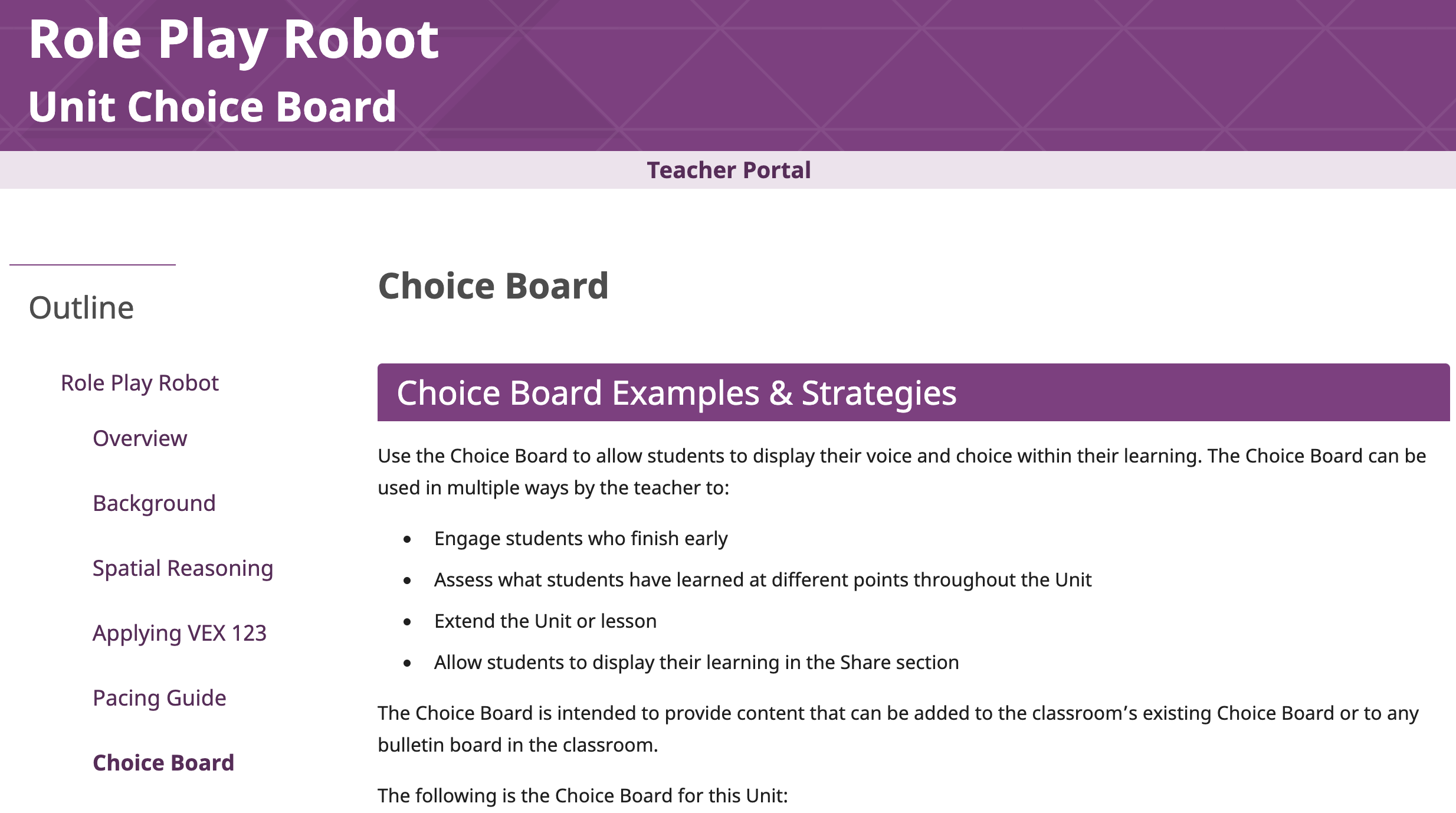 Zrzut ekranu strony Choice Board w przeglądzie jednostki Role Play Robot, użytej jako przykład.