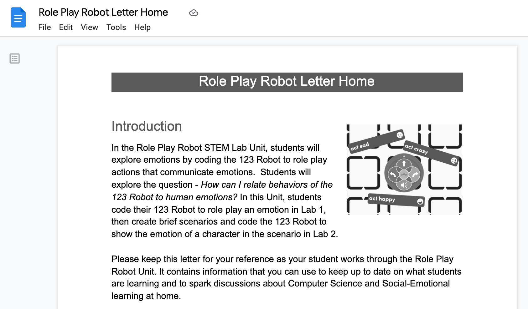 Captura de ecrã da Letter Home Google Doc na visão geral da unidade do robô Role Play, utilizada como exemplo.