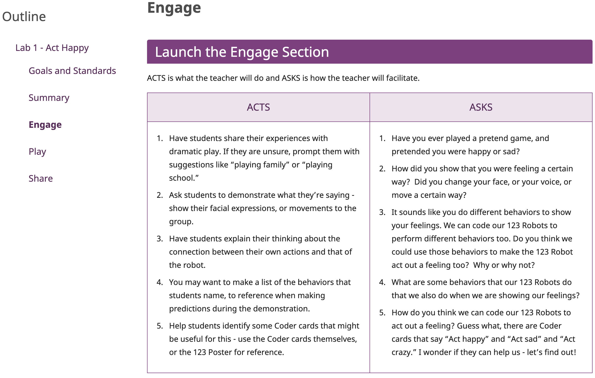 Captura de pantalla de la sección Acts and Asks de la página Engage en el primer Role Play Robot Lab, utilizado como ejemplo.