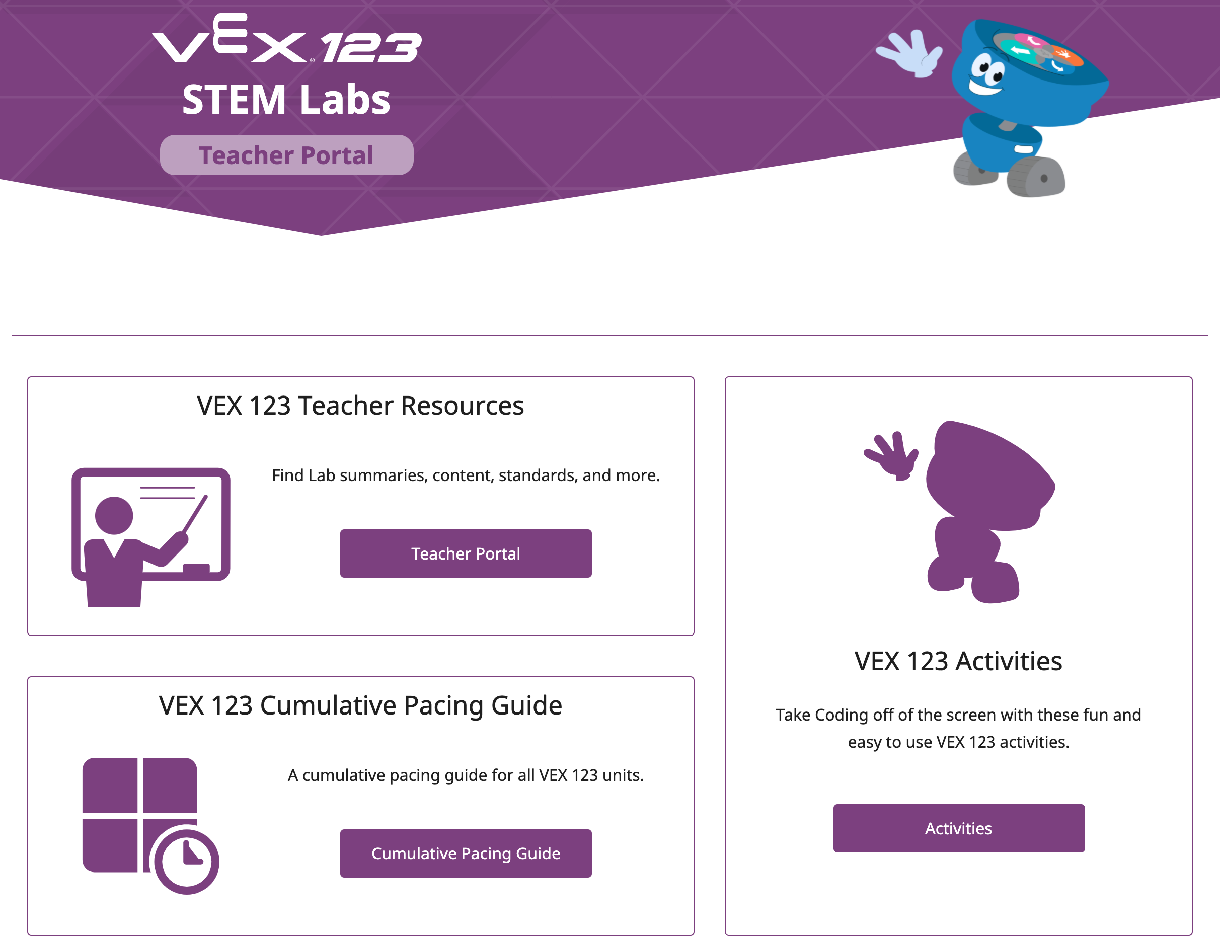 VEX 123 STEM ল্যাবস পৃষ্ঠার শীর্ষ থেকে সংস্থান, শিক্ষক পোর্টালের লিঙ্ক, VEX 123 অ্যাক্টিভিটিস, এবং ক্রমবর্ধমান পেসিং গাইড সহ।