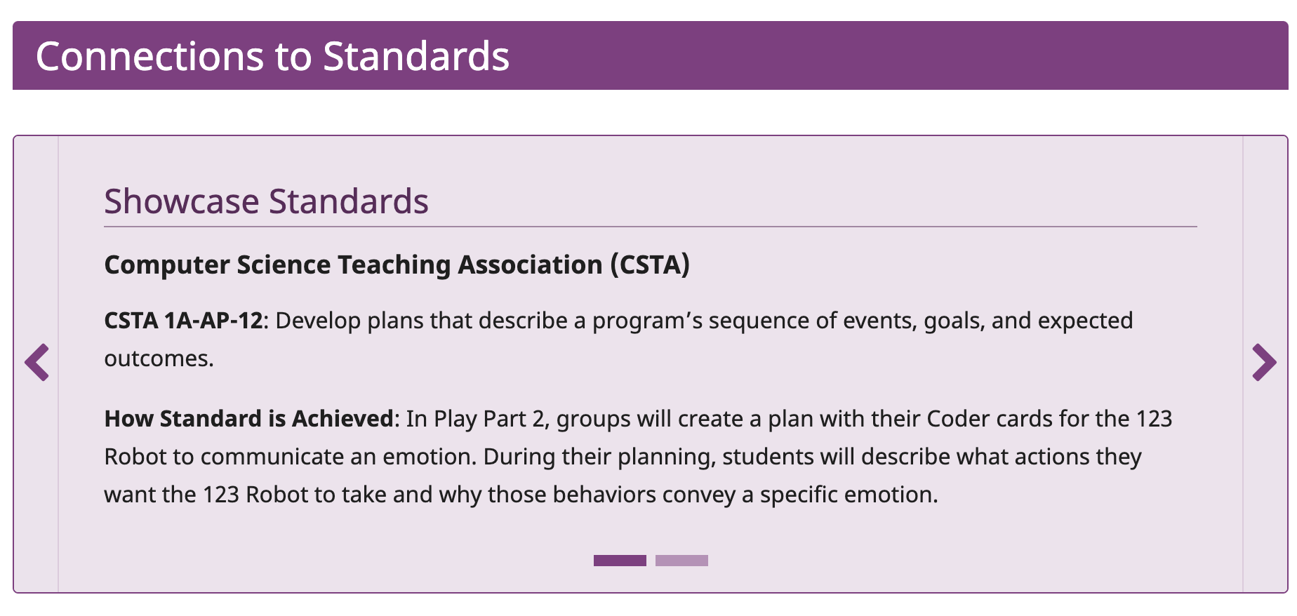 Screenshot des Abschnitts „Verbindung zu Standards“ einer Seite „Ziele und Standards“, um zu veranschaulichen, wo Informationen zu Standards zu finden sind.