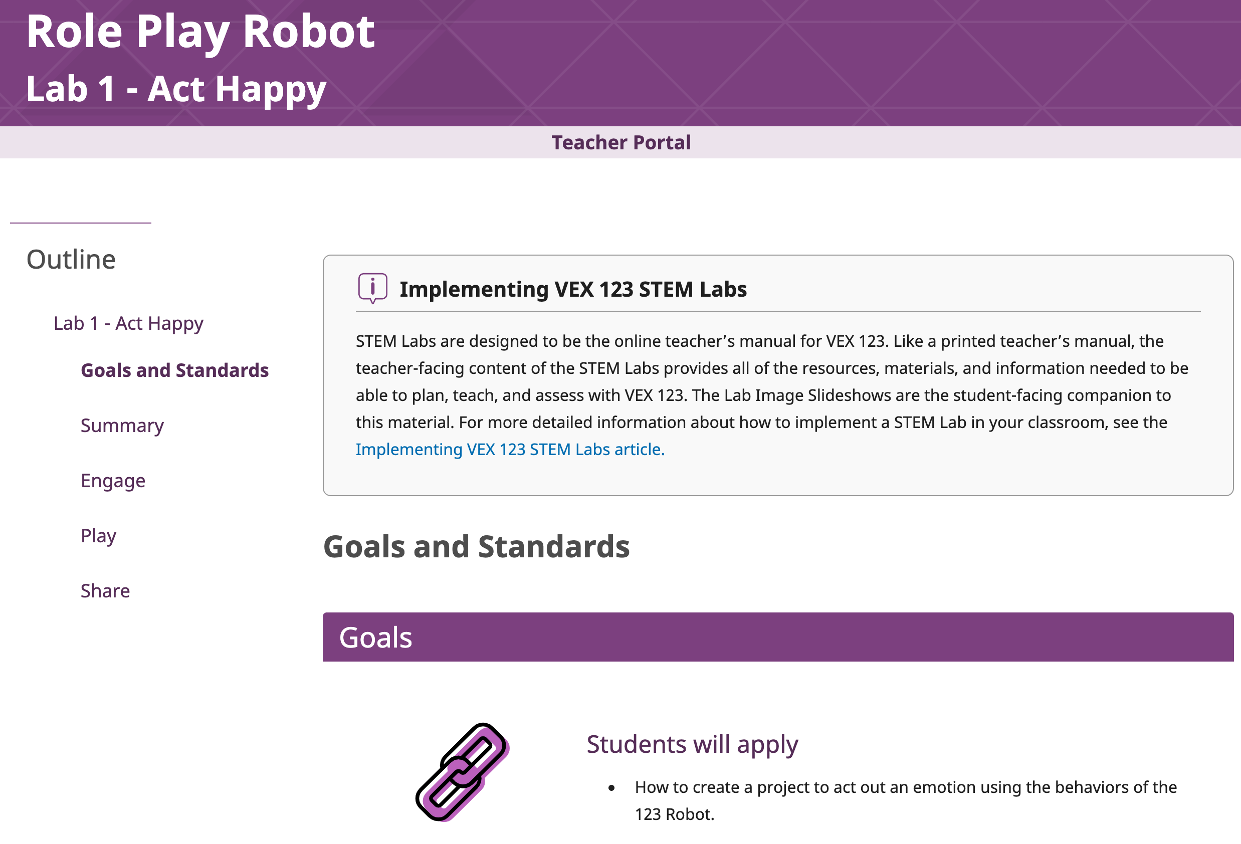 Puslapio „Tikslai ir standartai“ ekrano kopija pirmojoje „Role Play Robot Lab“, naudota kaip pavyzdys.
