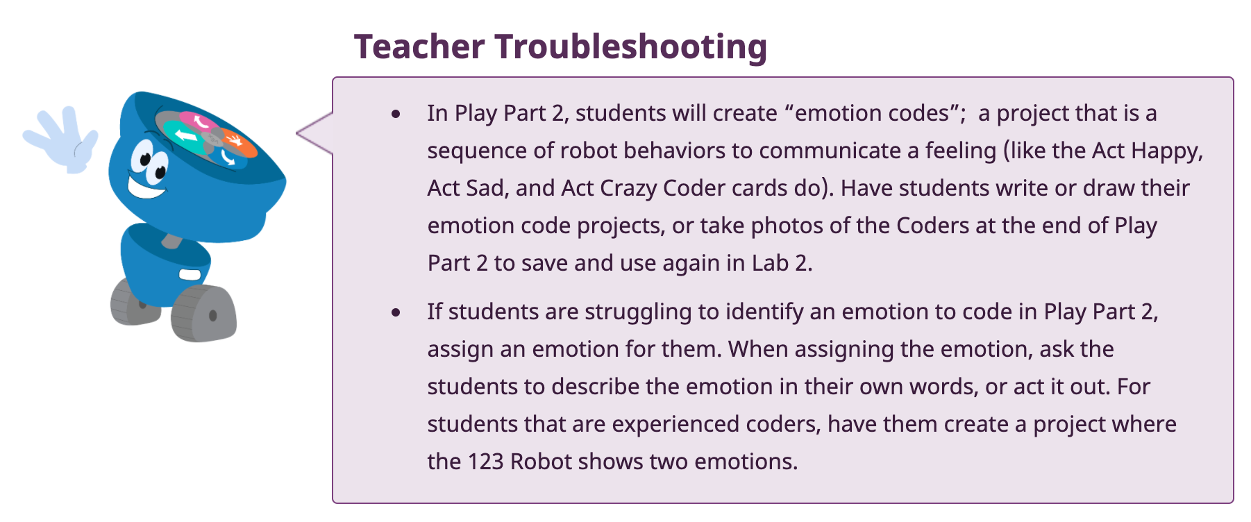 ภาพหน้าจอของส่วนการแก้ไขปัญหาสำหรับครูในหน้า Engage ใน 123 STEM Labs