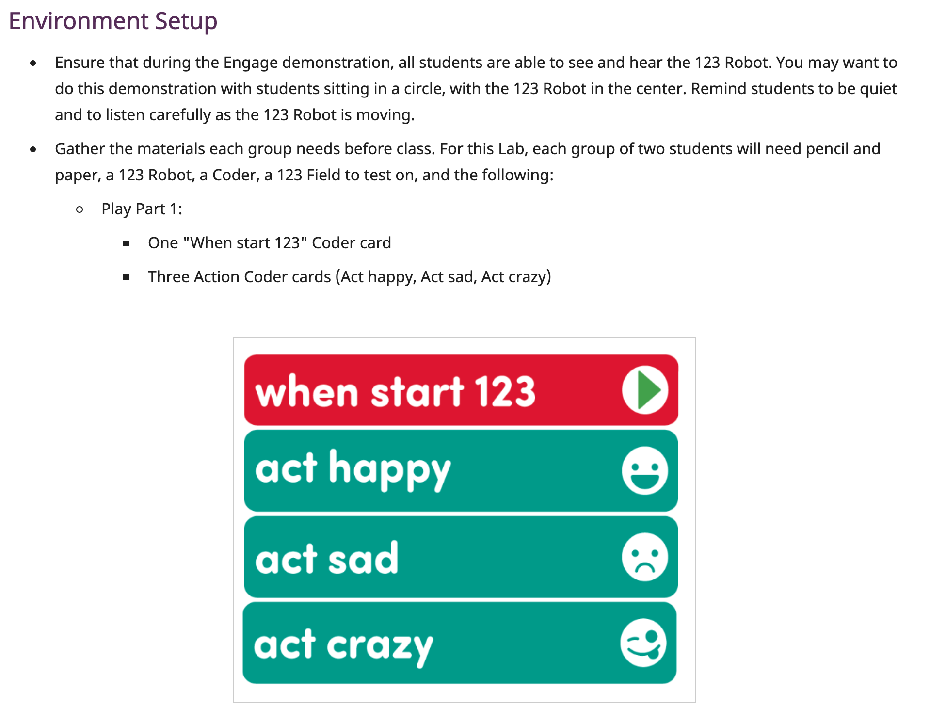 Ảnh chụp màn hình phần Thiết lập môi trường của trang Tóm tắt trong Phòng thí nghiệm Robot nhập vai đầu tiên, được sử dụng làm ví dụ.