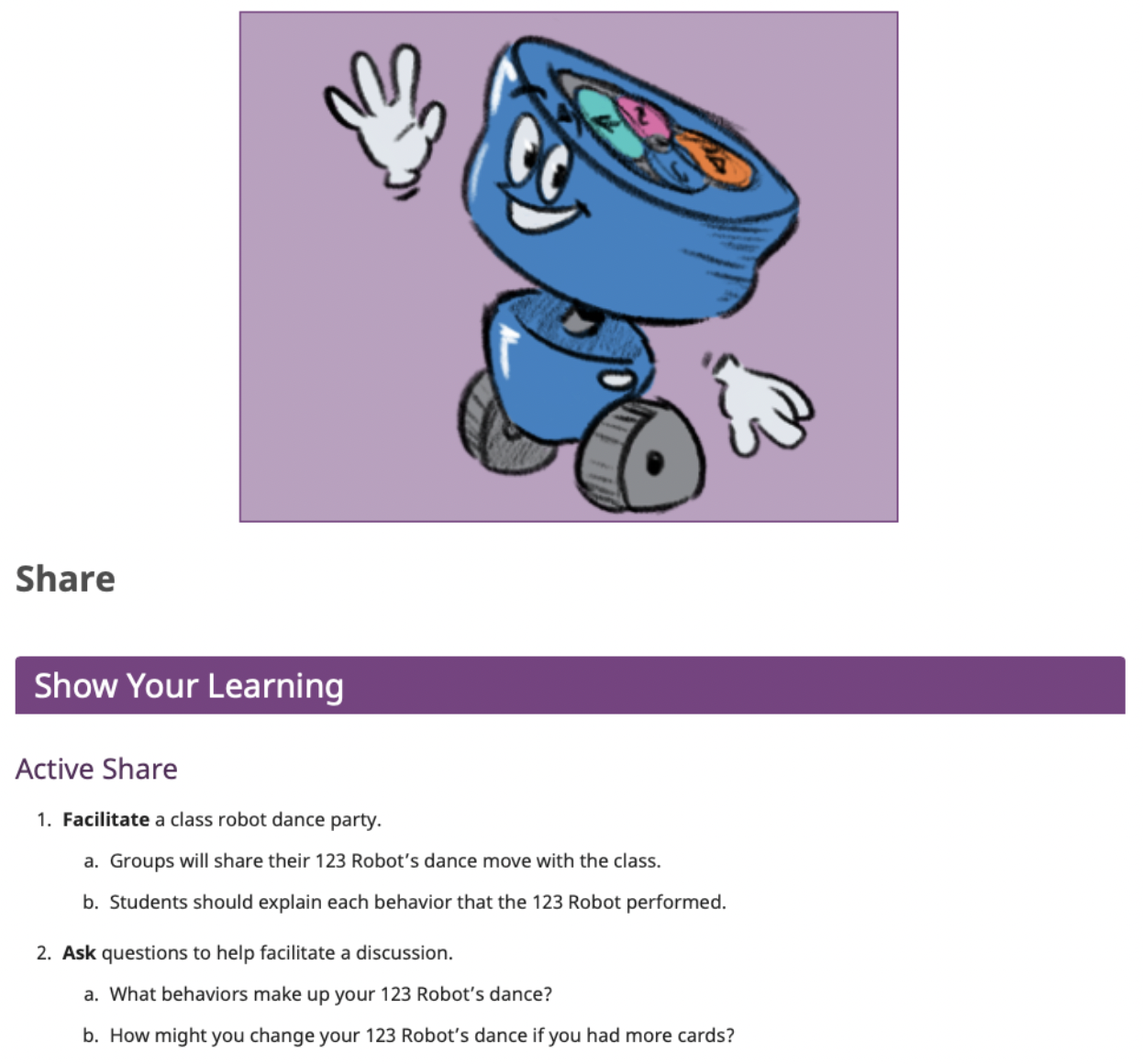 Captura de ecrã da página Partilhar de um Laboratório 123 STEM, para ilustrar o formato típico de uma secção Partilhar.
