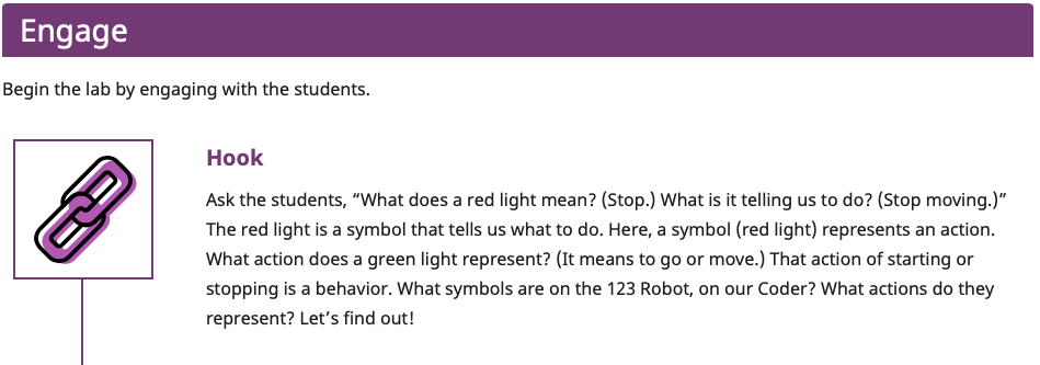 Tangkapan layar bagian Terlibat pada halaman Ringkasan, yang mengilustrasikan tempat menemukan pertanyaan yang dapat membantu siswa menciptakan hubungan pribadi.