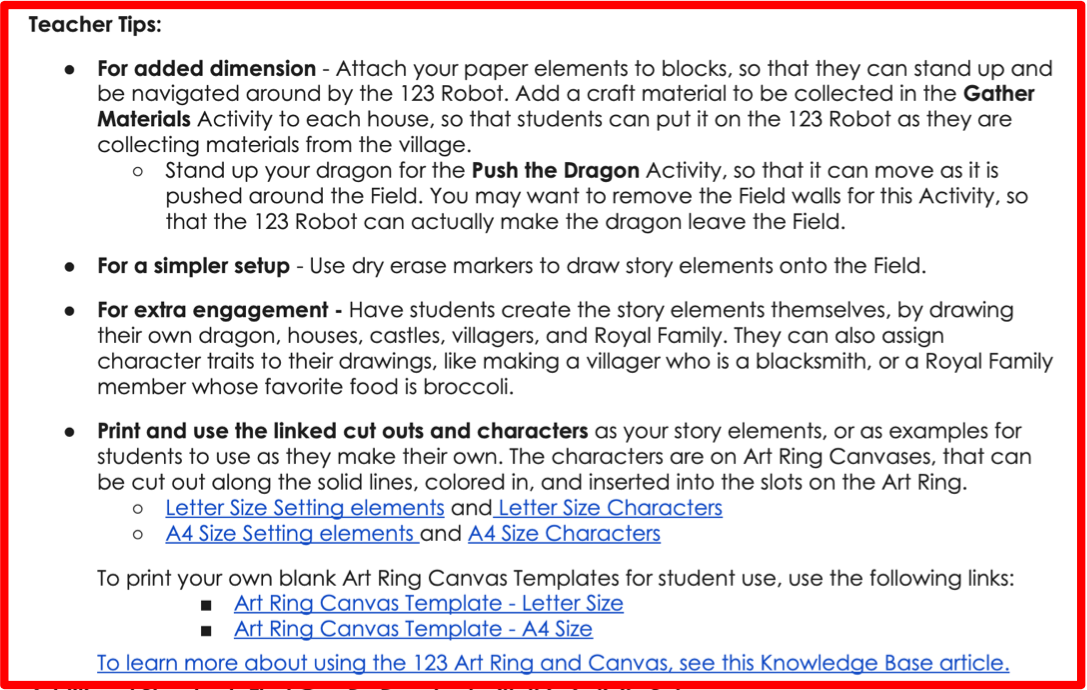 Screenshot des Abschnitts „Lehrertipps“ der Lehrernotizen in der Aktivitätsreihe „Dragon in the Village“, der als Beispiel verwendet wird.