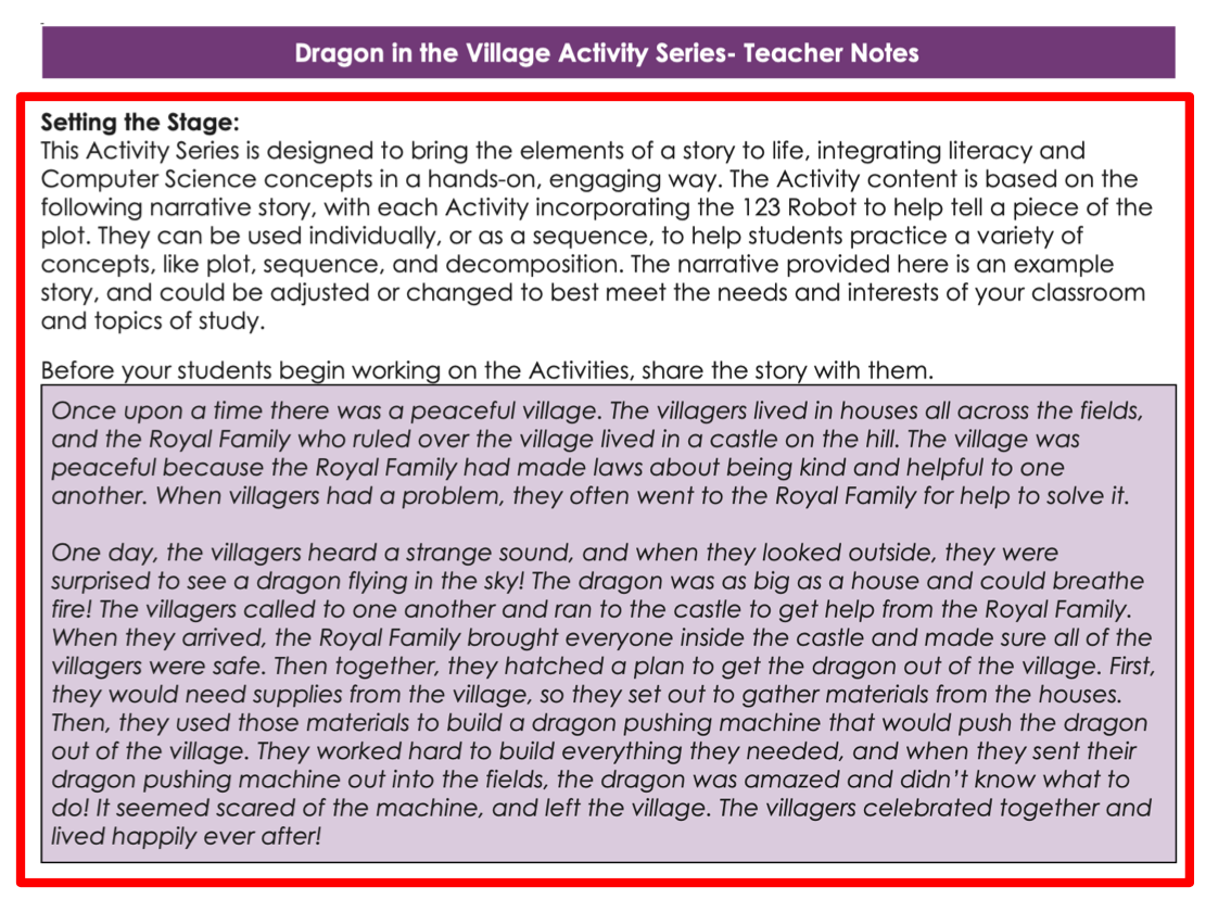 Capture d’écran de la section « Préparer le terrain » des Notes à l’intention de l’enseignant dans la série d’activités « Le Dragon dans le village », utilisée comme exemple. Une zone de texte en surbrillance représente le composant histoire de la série d’activités.