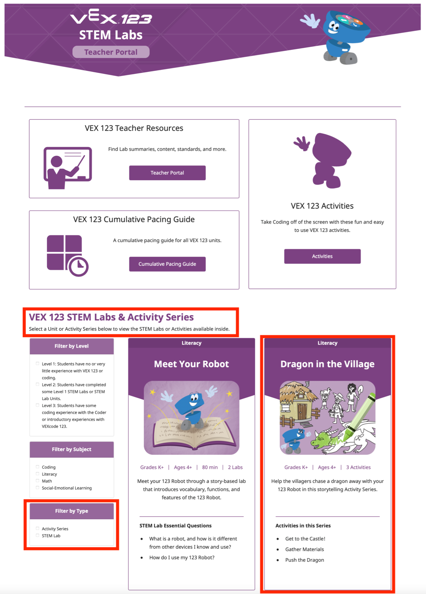 Recursos da parte superior do Portal do Professor Hub, incluindo o Portal do Professor, as Atividades VEX 123 e o Guia do Ritmo Cumulativo. Abaixo, são destacados os métodos para encontrar 123 séries de atividades, tanto o menu Filtrar por tipo como os próprios blocos de 123 séries de atividades.