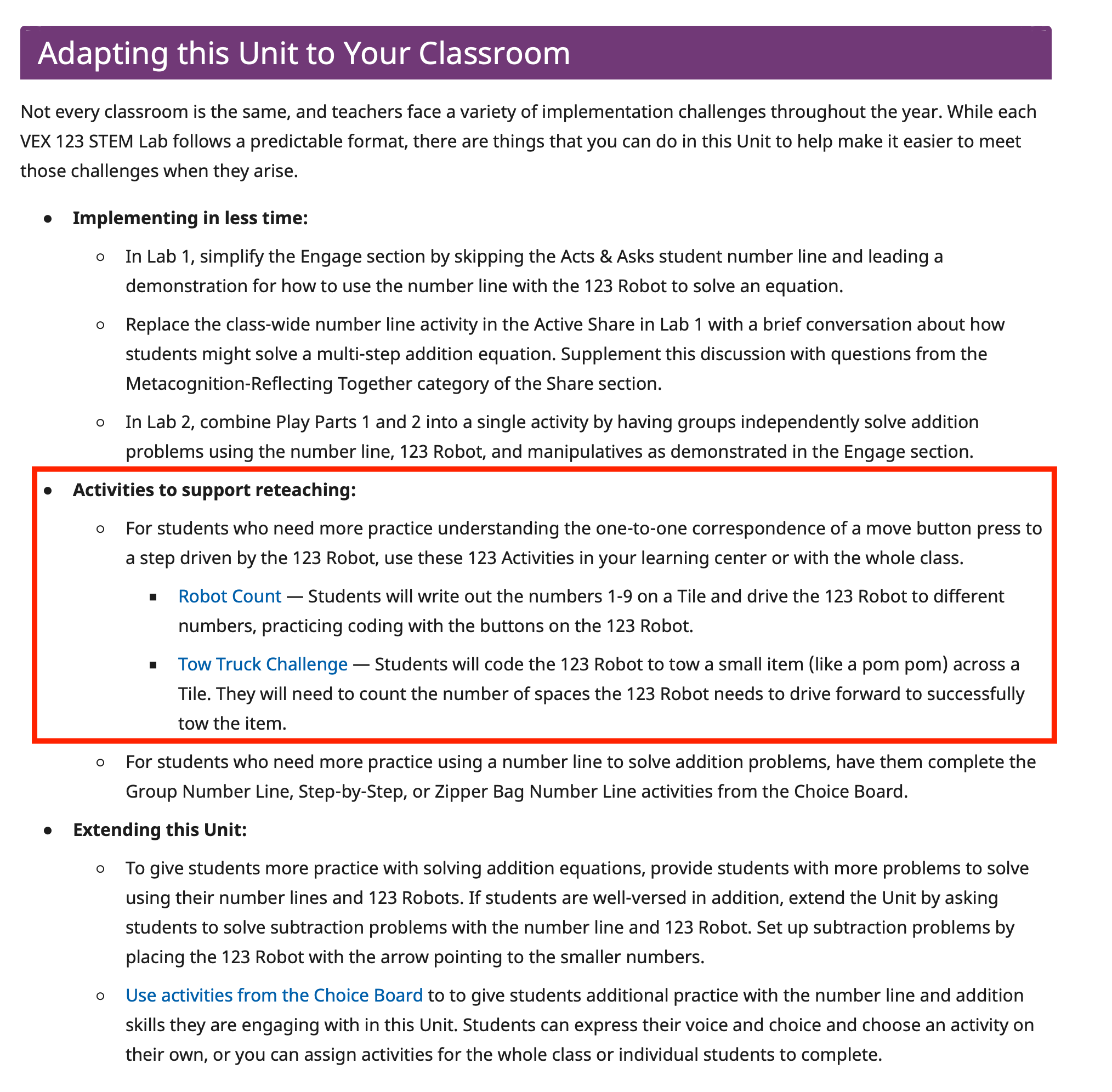 Snímek obrazovky části Adapting this Unit to Your Classroom na stránce Unit Overview Pacing Guide pro ilustraci, kde lze nalézt aktivity na podporu opakování výuky.