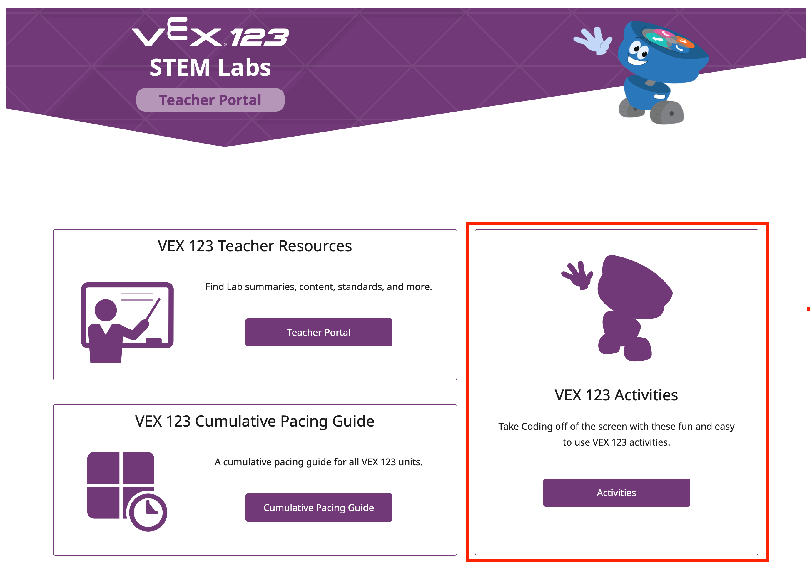 VEX 123 STEM зертханалары бетінің жоғарғы жағындағы ресурстардың скриншоты, соның ішінде Мұғалім порталына, VEX 123 әрекеттеріне және жинақталған жылдамдық нұсқаулығына сілтемелер. VEX 123 Activities сілтемесі қызыл жолақта бөлектелген.