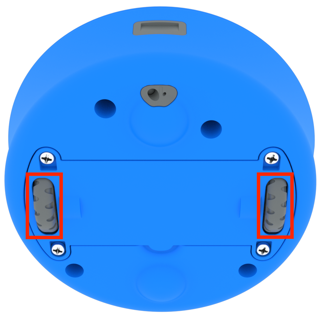 123-robotin alaosa, jossa robotin kaksi pyörää korostettuina.