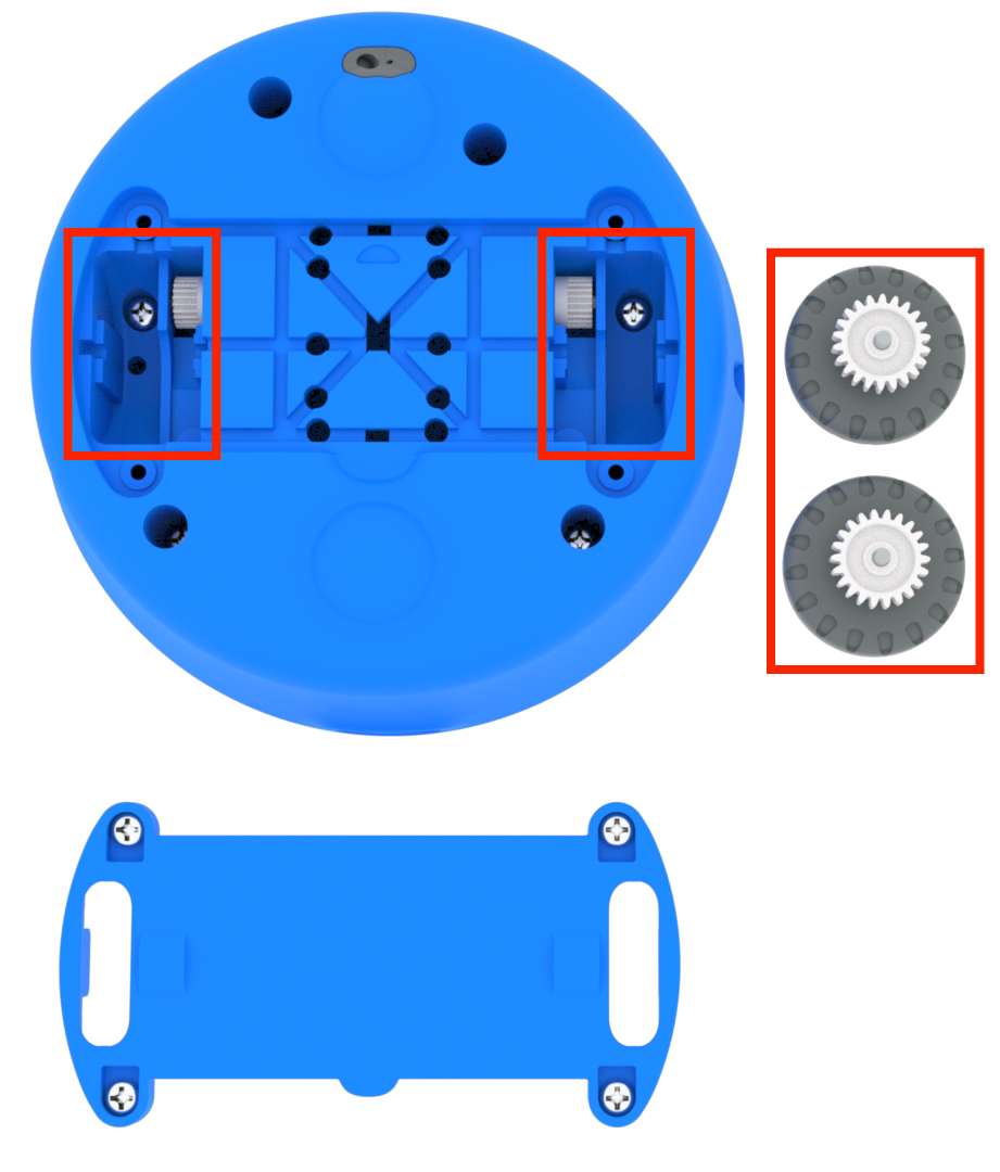Unterseite eines 123-Roboters, wobei die untere Grundplatte und die Räder entfernt wurden. Sobald die Räder abmontiert sind, können sie und die Schienen, in denen sie sitzen, gereinigt werden.