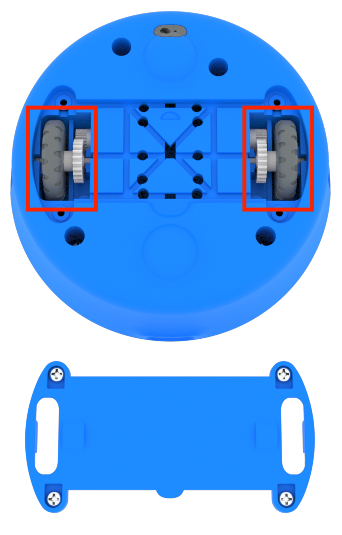Parte inferior de un robot 123 con la placa base inferior removida para revelar los mecanismos de las ruedas. Se resaltan las dos ruedas.