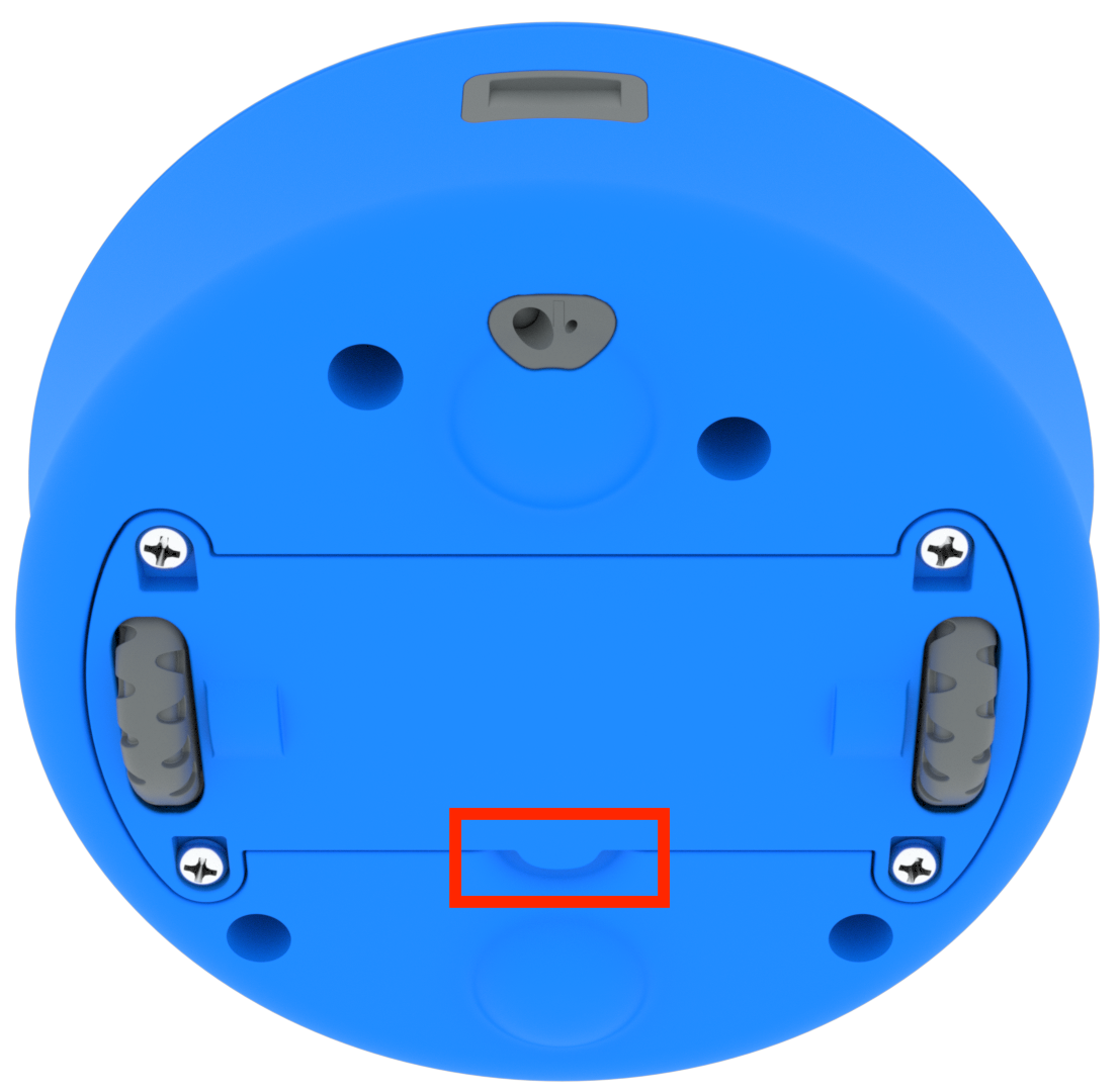 Parte inferior de un robot 123 con las ruedas colocadas hacia atrás y la placa base inferior atornillada de nuevo después de limpiar las ruedas. La pestaña de la placa está resaltada, lo que indica que su orientación es importante.