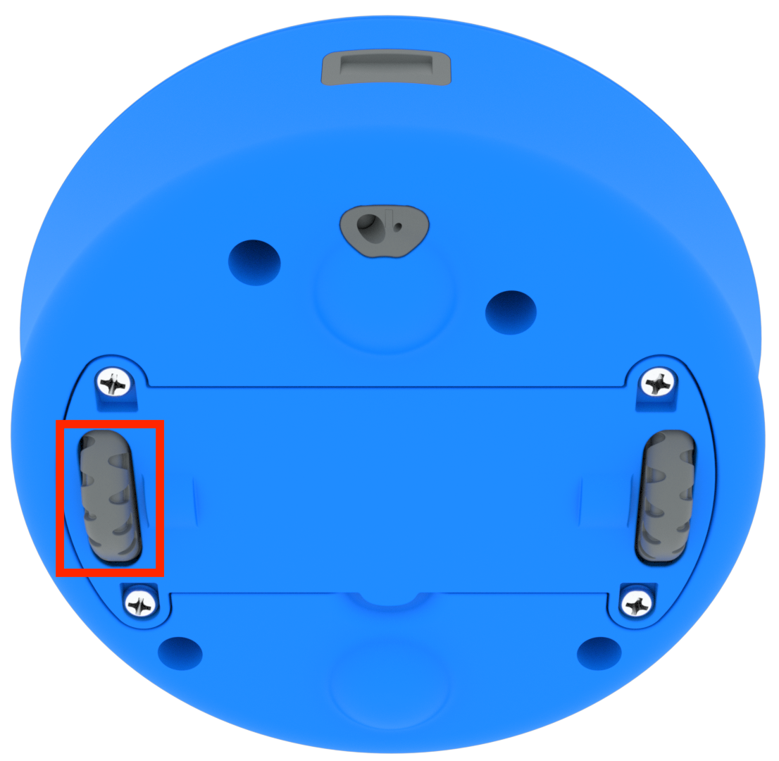 123 ロボットの下側。アイ センサーが上を向いており、左側のホイールが強調表示されています。