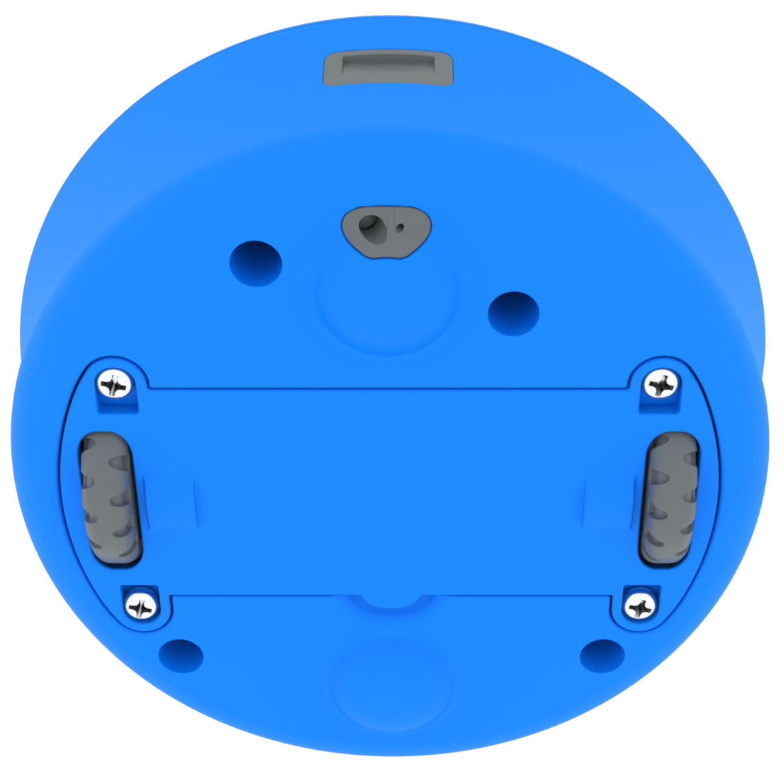 Unterseite eines 123-Roboters, wobei die Räder wieder in ihre Schienen eingesetzt und die untere Grundplatte wieder angeschraubt wurde.