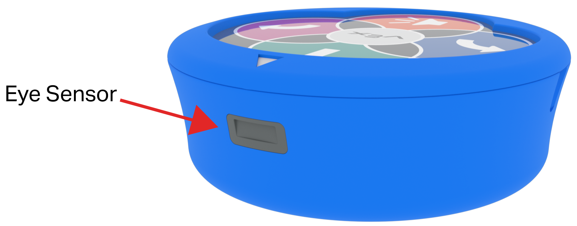 123 Robot elölről látható, ahol a szemérzékelő található. Egy nyíl a szemérzékelőre mutat, amely körülbelül félúton a robot oldalán található, és előre néz.
