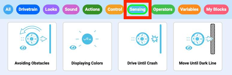 VEXcode 123 Esimerkit -valikko, jossa Sensing category -painike on korostettuna, mikä osoittaa, kuinka käyttäjä voi suodattaa vain tunnistusesimerkkejä.