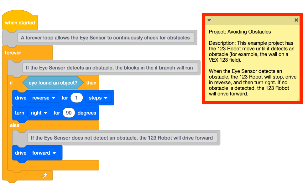 VEXcode 123 サンプル プロジェクトが開き、メモの説明が強調表示され、サンプル プロジェクトとセンサーに関する詳細情報を参照できる場所が示されます。