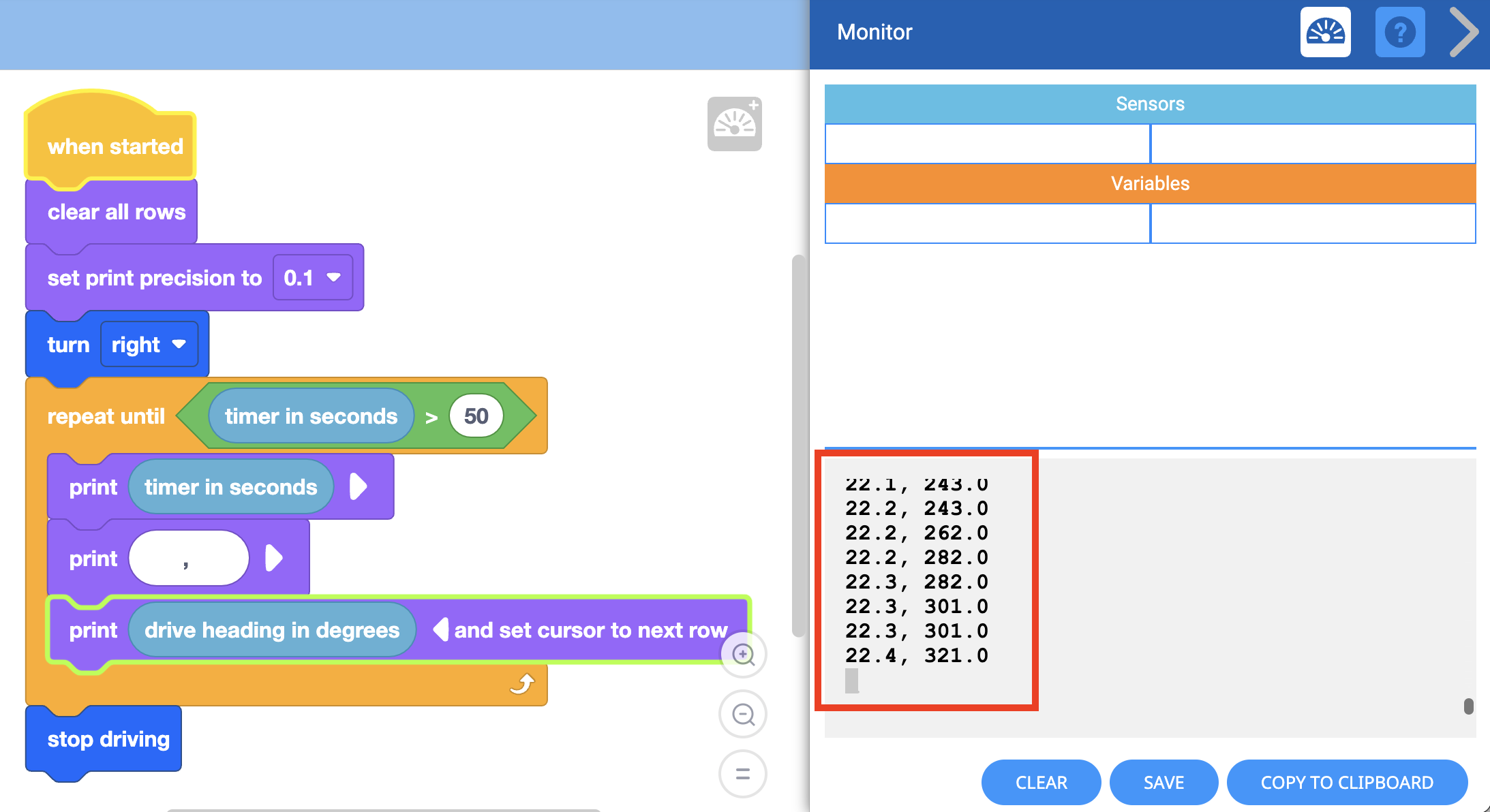 VEXcode 123 con la Consola de impresión abierta, donde los programas pueden emitir texto en vivo para ayudar con el contexto y la depuración.
