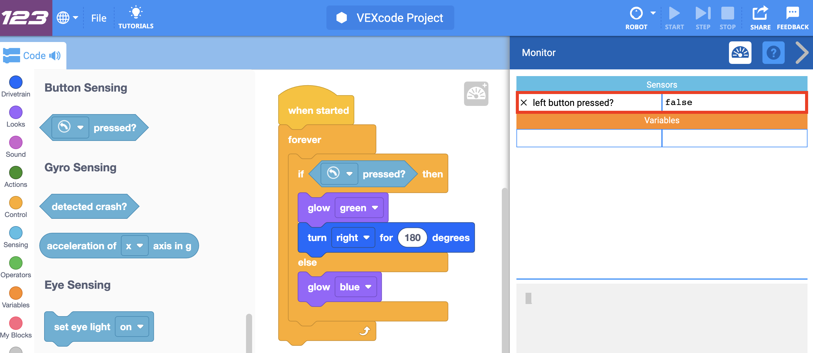 VEXcode 123 з відкритою консоллю монітора для перегляду даних датчика в реальному часі. Показання датчика показано та виділено, зчитування Натиснута ліва кнопка? Неправда.