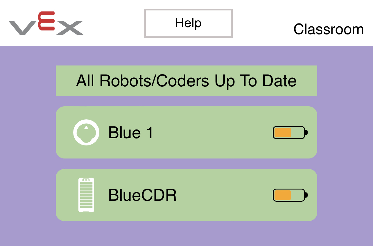 Captura de pantalla de la aplicación VEX Classroom con un codificador actualizado y un robot 123 actualizado. El botón Actualizar en la parte superior dice 'Todos los robots/codificadores actualizados.