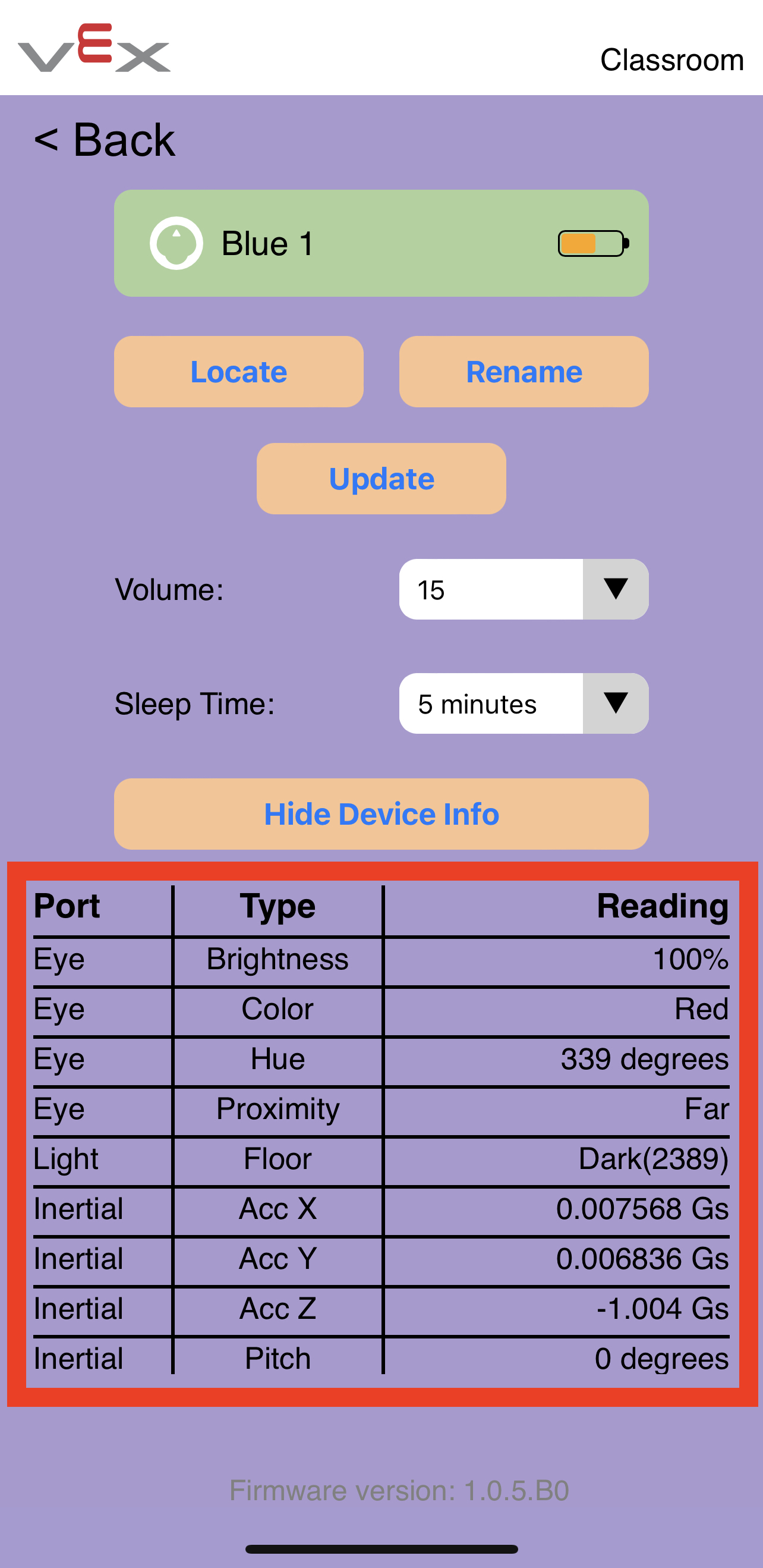 Screenshot der VEX Classroom App mit geöffnetem 123-Robotermenü und ausgewählter Schaltfläche „Geräteinformationen anzeigen“, um die Sensordaten zu öffnen. Die Sensordaten werden hervorgehoben und jeder Sensor wird zusammen mit den Daten seiner Messung aufgelistet.