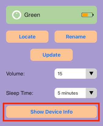 Screenshot dell'app VEX Classroom con il menu del robot 123 aperto e il pulsante "Mostra informazioni dispositivo" evidenziato in basso.