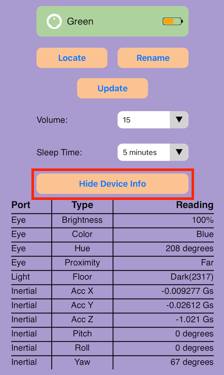 Ảnh chụp màn hình Ứng dụng VEX Classroom với menu của Robot 123 được mở và Thông tin thiết bị được hiển thị. Nút 'Ẩn thông tin thiết bị' được tô sáng.