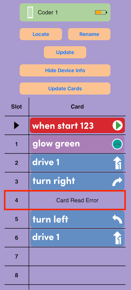 Screenshot dell'app VEX Classroom con il menu Coder aperto e il pulsante "Mostra informazioni dispositivo" selezionato per visualizzare i dati della scheda Coder. Al centro del progetto della scheda Coder è evidenziato uno slot con la dicitura "Errore lettura scheda".