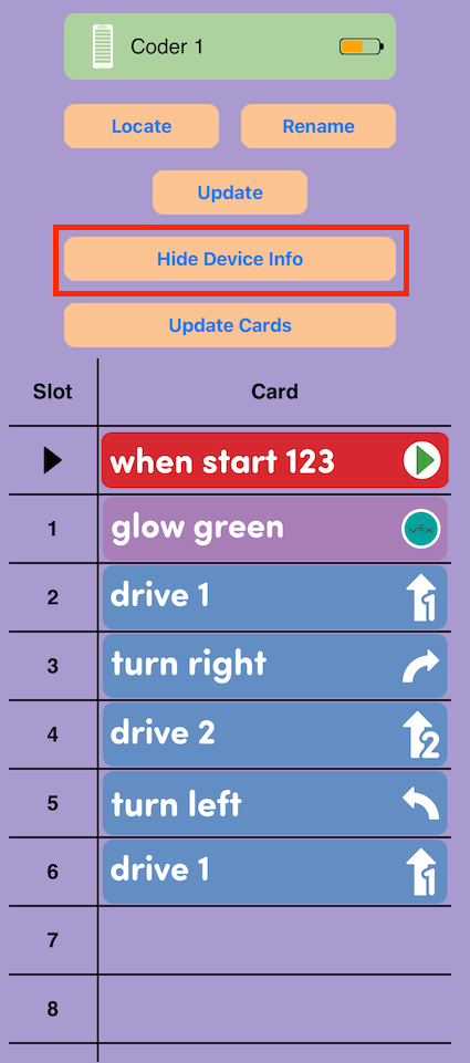 Captura de ecrã da aplicação VEX Classroom com o menu do Coder aberto e os dados do cartão do Coder apresentados. O botão "Ocultar informações do dispositivo" é destacado.