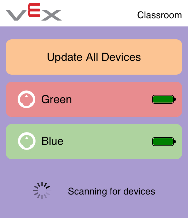 Snímek obrazovky aplikace VEX Classroom App se dvěma připojenými roboty 123 zobrazenými v seznamu. Jeden robot je zobrazen zeleně, což znamená, že je aktuální, a druhý robot je zobrazen červeně, což znamená, že je třeba jej aktualizovat.