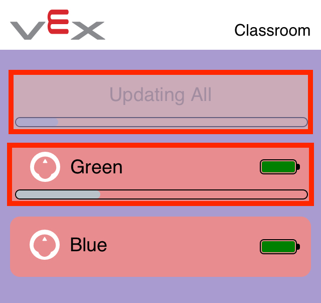 Snímek obrazovky aplikace VEX Classroom App se dvěma zastaralými roboty 123 uvedenými a tlačítkem 'Updating All' nahoře zašedlé. Jeden robot má ukazatel průběhu, který ukazuje, že se právě aktualizuje.