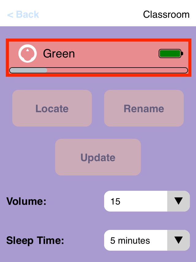 Screenshot der VEX Classroom App mit einem veralteten geöffneten 123-Robotermenü und einem Fortschrittsbalken unter dem Namen des Roboters, der anzeigt, dass er aktualisiert wird. Die Optionsschaltflächen sind ausgegraut, um anzuzeigen, dass mit dem Roboter nicht interagiert werden kann, bis die Aktualisierung abgeschlossen ist.